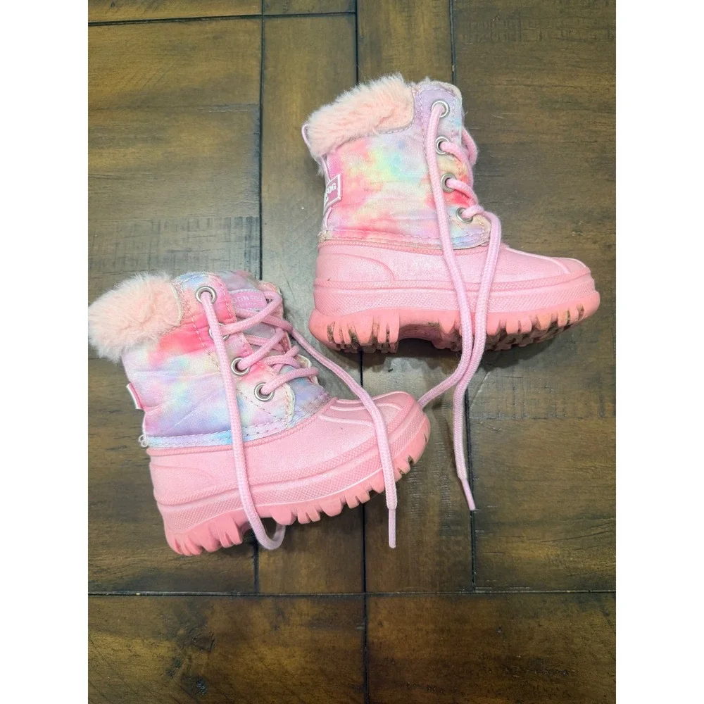 London Fog Girls Pink Tie Dye Faux Fur Winter Snow Boots Size 5 BF2130